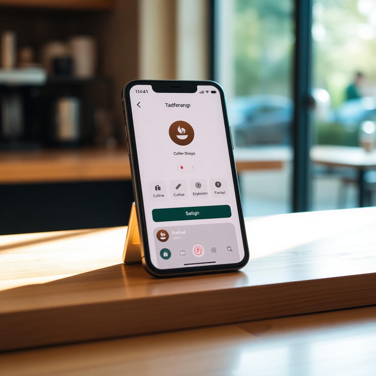 Coffee ordering app shown on a phone on a wooden counter