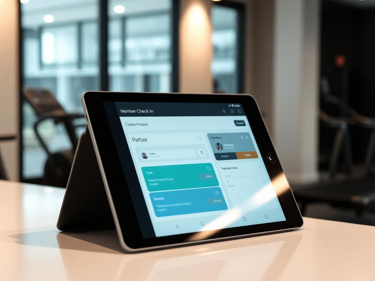Tablet check-in dashboard at gym reception