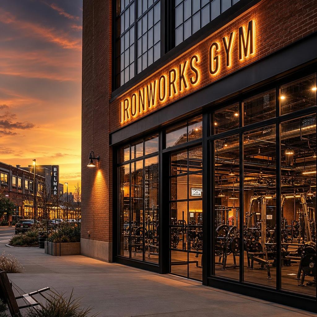 Modern gym storefront at golden hour